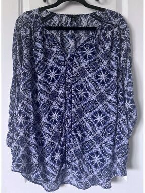 Lucky Brand Women's 2X Blue Patterned Long Sleeve Blouse